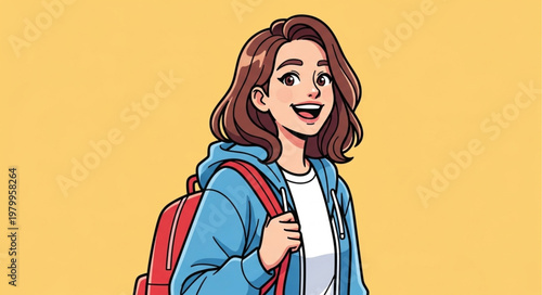 Happy Young Woman with Backpack, Cartoon Style.