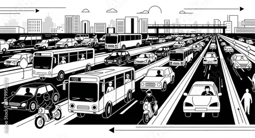 Heavy traffic congestion on a multi-lane highway with city skyline in background.