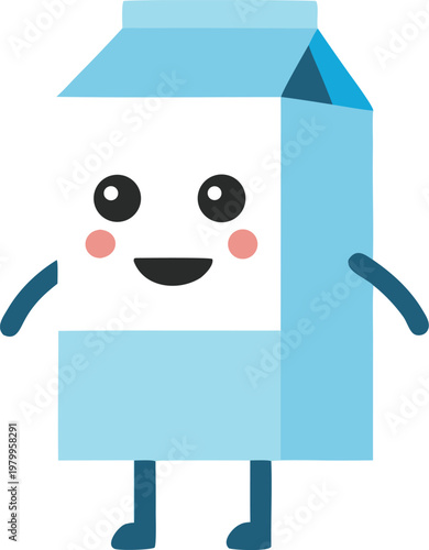 Friendly blue milk carton character with happy expression and tiny limbs