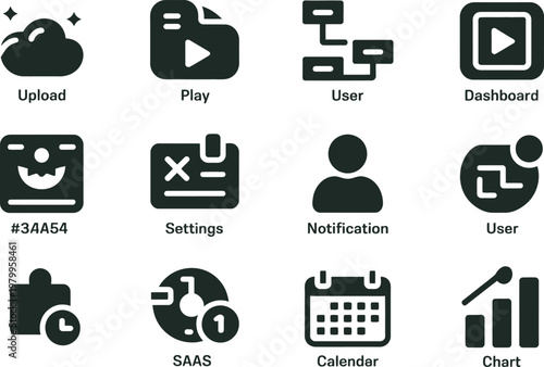 Set of modern black interface icons featuring upload cloud play button settings and calendar for applications