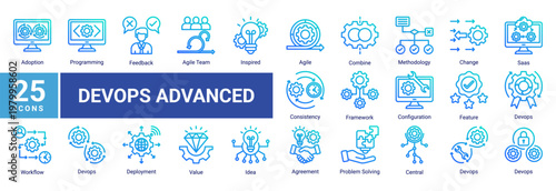 Advanced DevOps icon set including agile team,cloud saas,configuration,workflow integration and continuous improvement for scalable software engineering and system architecture