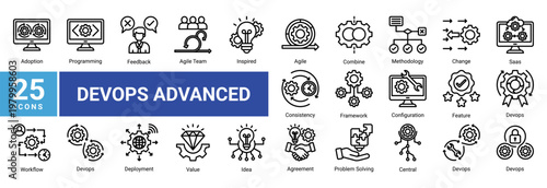 Advanced DevOps icon set including agile team,cloud saas,configuration,workflow integration and continuous improvement for scalable software engineering and system architecture