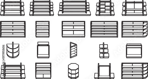 A collection of graphic resources featuring a variety of shelves or racks, each designed with a distinct style and form, perfect for illustrating storage solutions.