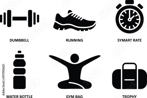Collection of black workout icons depicting gym equipment and healthy fitness lifestyle activities for daily exercise