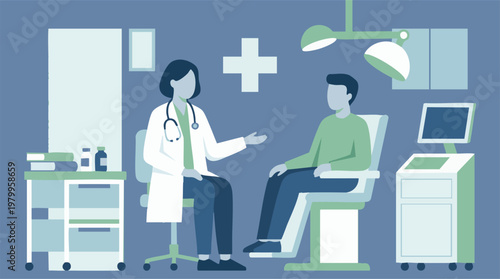 Medical consultation with female physician and male patient in a clinic