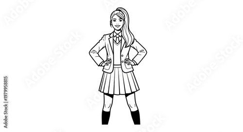 Illustration of a confident schoolgirl in uniform.