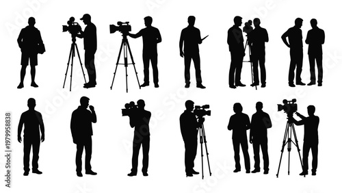 A collection of black silhouette figures depicting a film crew and various camera operators at work high quality professional detailed modern