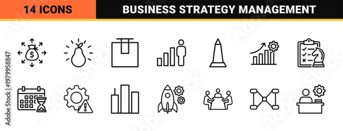 Project management and business strategy outline icons set.