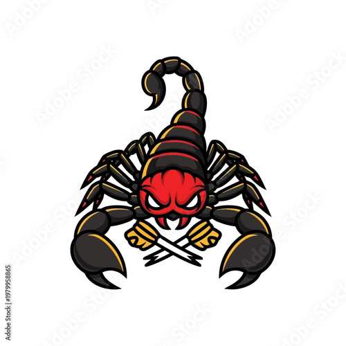 Fierce Red and Black Scorpion Mascot with Crossed Stingers.