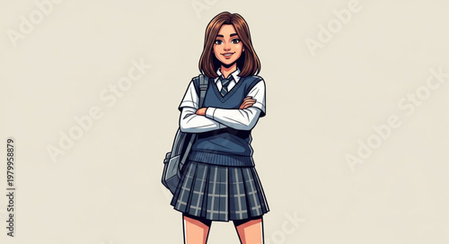 Illustration of a confident schoolgirl in uniform with arms crossed.