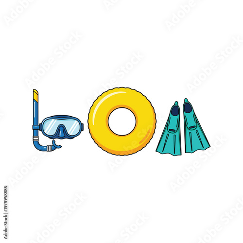 Summer swim equipment vector illustration with snorkel, goggles, float ring, and flippers