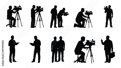A collection of black silhouette figures depicting various roles within a film or television production crew high quality professional detailed modern