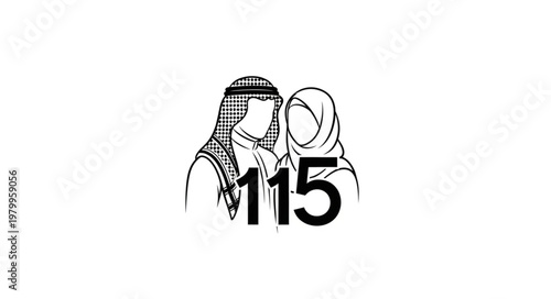Illustration of a couple in traditional attire with the number 115.