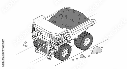 Isometric Heavy Duty Mining Haul Truck Loaded with Ore Line Art Illustration