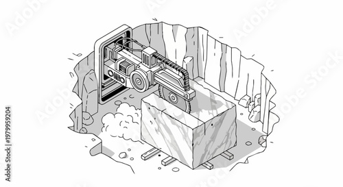 Industrial Marble Cutting Machine in Quarry Isometric Line Art Illustration