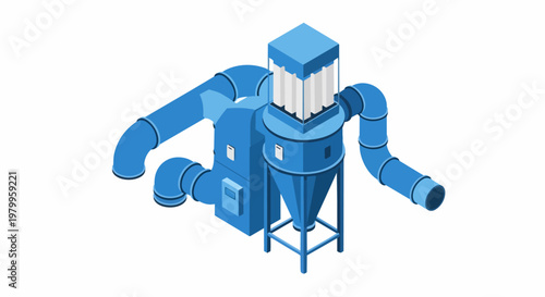 Isometric Industrial Dust Collector and Cyclone Separator System with Air Ventilation Pipes for Factory Filtration, Isolated on White Background