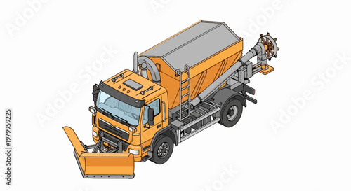 Orange Snow Plow Truck with Salt Spreader Isometric Illustration - Heavy Duty Winter Road Maintenance Vehicle for Ice Removal and Safety Operations