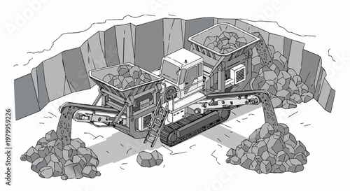 Mobile Rock Crusher Machine in Quarry Illustration - Grayscale Technical Drawing of Stone Crushing Plant for Mining and Construction Industry