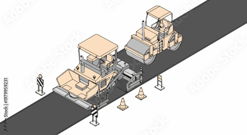 Isometric Road Construction Illustration with Asphalt Paver and Road Roller Heavy Machinery