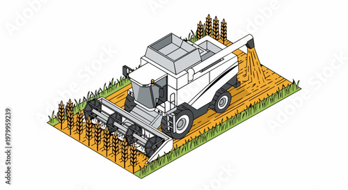 Isometric Combine Harvester Machine Working in Wheat Field Agriculture Illustration