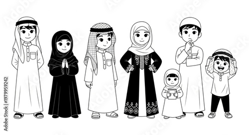Illustration of a diverse group of Muslim people in traditional attire.