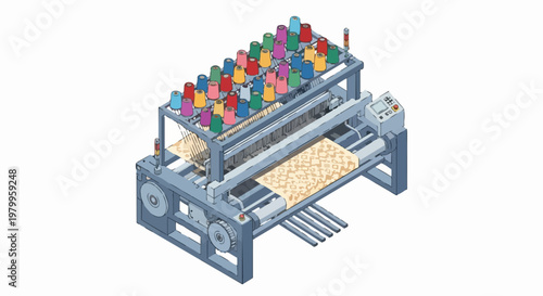 Isometric Industrial Textile Weaving Loom Illustration with Colorful Yarn Spools and Patterned Fabric on White Background