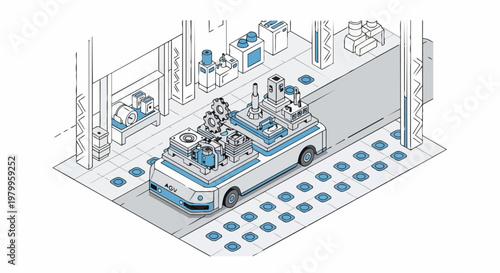 Isometric Illustration of an Automated Guided Vehicle (AGV) in a Smart Factory, Industry 4.0 Robotics and Warehouse Logistics Automation Concept