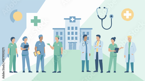 Diverse healthcare professionals and hospital building with medical symbols