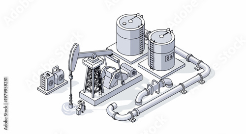 Isometric Oil Pump Jack and Storage Facility Illustration with Pipeline and Petroleum Tanks