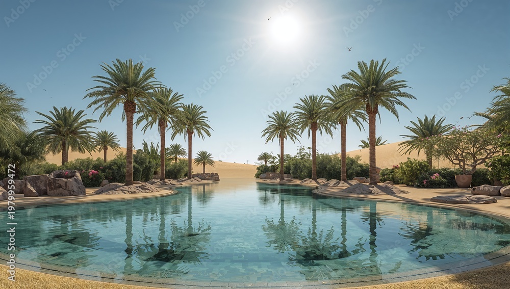 Obraz premium Relaxing Pool with Palm Trees in Desert Oasis Under Bright Sun