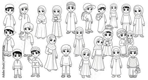 Illustration of a group of cartoon children in traditional attire.
