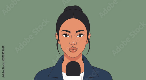 Woman presenting information with microphone isolated on green background