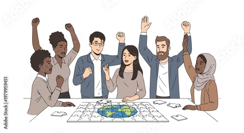 Diverse group of people celebrating around a puzzle globe, symbolizing unity, global cooperation, and environmental awareness.
