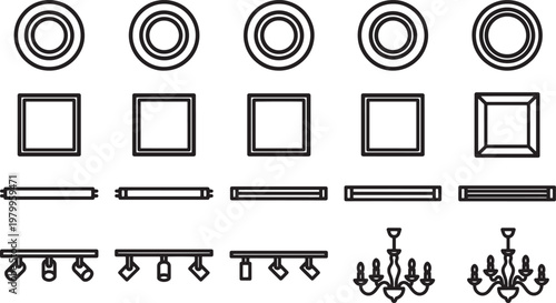 Illuminating concepts, a detailed outline showcases the diverse forms of lights, from simple circles and squares to elaborate chandeliers, perfect for architectural, design.