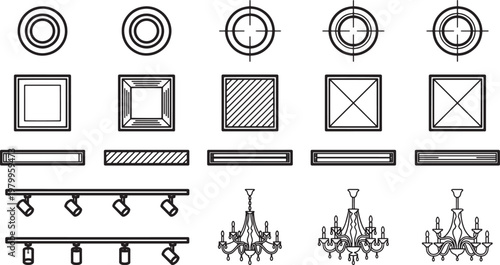 Diverse Array of Architectural Lighting Fixtures, a detailed line art illustration, showcasing a range of ceiling light designs, spotlights, and chandeliers.
