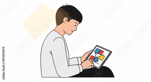 Young boy focused on playing a puzzle game on a digital tablet, learning and problem-solving in a modern lifestyle.