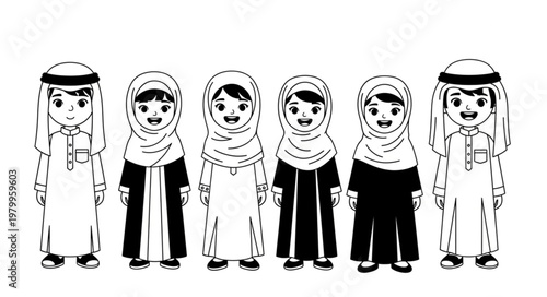 Illustration of a group of children in traditional Arab clothing.
