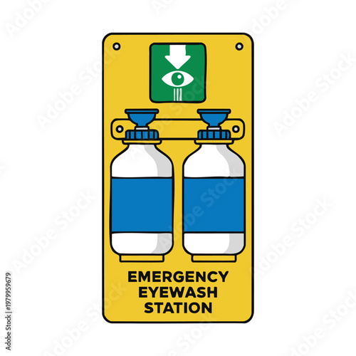 Emergency eyewash station safety sign with two bottles.