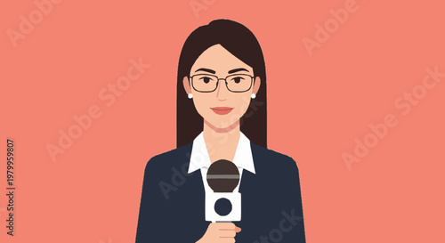 Woman reporter holding microphone presenting news against red background