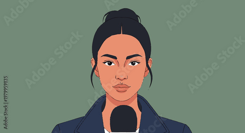 Woman reporter speaking into microphone illustrated against green background