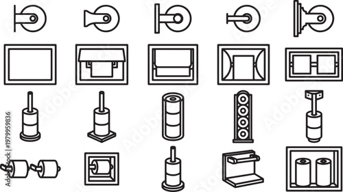 Bathroom accessory icons in minimalist style, perfect for interior design and home improvement projects. These line drawings are versatile and suitable for a wide range of creative applications.