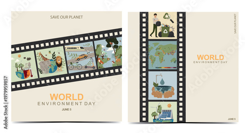 World Environment Day Film Strip. World Environment Day design with film strip frames showing sustainability scenes, ideal for posters, campaigns, and environmental awareness. Vector illustration
