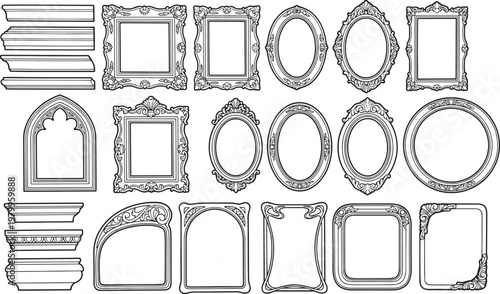 A collection of ornate picture frames, showcasing various shapes and designs, ready to showcase art or memories.