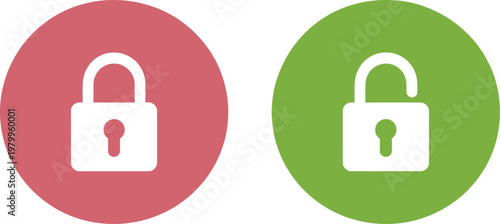 Locked and unlocked padlocks displayed on red and green circular buttons representing security and access status