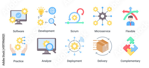 DevOps development icon set with microservices,agile scrum,software deployment and delivery workflow for continuous integration process