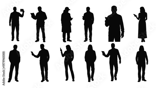A collection of twelve silhouetted figures men and women depicted in various casual poses and holding devices high quality professional detailed