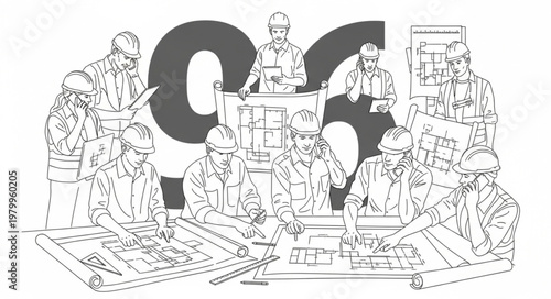 Illustration of a group of people gathered around a table with the number 96 prominently displayed.