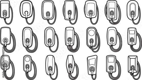 EV charger set, a technological illustration featuring an array of different electric vehicle charging stations.