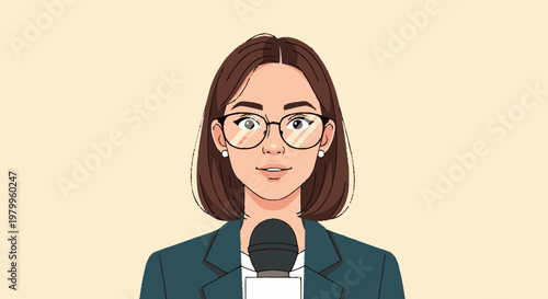 Woman reporter speaking into microphone isolated illustration against beige backdrop