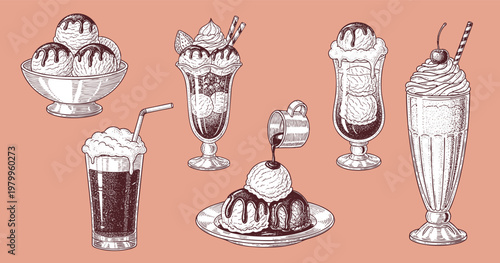 Vector vintage ice cream set for creative design. Different types of ice cream. Dessert, sweets, menu design, restaurant, shop. Isolated on white background. Vector illustration